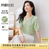 尚都比拉夏季短袖t恤女浪漫花边泡泡袖V领显瘦女装上衣 绿色 XL