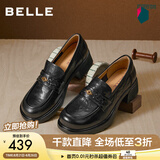 百丽（Belle）复古流苏抓皱羊皮乐福鞋女2026春新柔软粗跟通勤单鞋B2988AA6 黑色 37 (235mm)