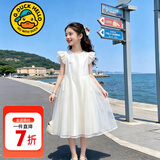 G.duck小黄鸭公主裙女童白色连衣裙夏季新款儿童礼服裙飞飞袖女孩网纱裙 米白色 120 建议5~6岁【110-120cm】cm