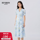 深呼吸DEEP BREATH女装法式V领气质收腰碎花连衣裙A500197 蓝-黄花 L (4)