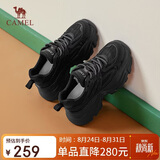 骆驼（CAMEL）老爹鞋女网布皮面拼接双系带厚底休闲鞋 L24S283079 黑色 37