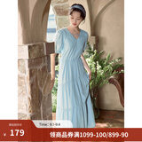 茵曼（INMAN）法式薄荷曼波连衣裙2024夏女装新品V领灯笼袖抽绳 绀蓝色 XL