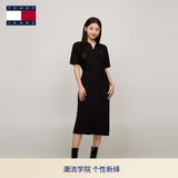 TOMMY JEANS【透气舒适】春夏女装珠地棉气质收腰显瘦V领宽松长裙连衣裙 黑色BDS S （推荐：95-110斤）