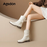 奥古狮登（Agsdon）堆堆靴女秋冬新款褶皱复古中筒靴子美拉德马丁靴女短靴 米色 37