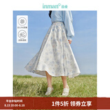 茵曼（INMAN）亚麻吊带植物碎花连衣裙女2026年夏季法式方领泡泡袖蓝色长裙 白底蓝花半身裙-18412674 M