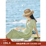 茵曼（INMAN）七七同款连衣裙2026夏女装新款田园纯棉提花方领A字泡泡袖蛋糕裙 淡绿色 74.6%粘纤 25.4%棉  M