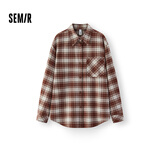 森马（Semir）长袖衬衫女冬季中长款磨毛纯棉格子宽松上衣盐系衬衣101725105005