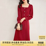 尚都比拉新年红法式连衣裙女春秋季中长款气质女神范收腰显瘦小个子裙子