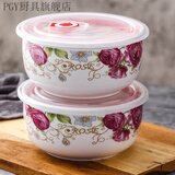 PGY陶瓷泡面碗陶瓷保鲜碗泡面碗微波炉专用饭盒带盖冰箱密封盒圆形套 6英寸【2个】金丝玫瑰