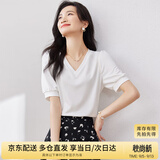 尚都比拉夏季短袖t恤女浪漫花边泡泡袖V领显瘦女装上衣 白色 S