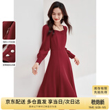 尚都比拉新年红高级感长袖连衣裙女春秋气质方领中长款内搭打底赫本风裙子
