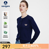 Navigare意大利小帆船圆领针织开衫女士秋冬款长袖休闲外套气质内搭毛衣女 海军蓝 L 码