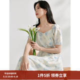 茵曼（INMAN）亚麻吊带植物碎花连衣裙女2026年夏季法式方领泡泡袖蓝色长裙 月蓝连衣裙-18424791 XL