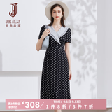 經典故事（JANE STORY）法式荷叶边波点连衣裙女夏季2026新款气质V领黑色雪纺裙收腰长裙 黑白波点 S