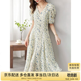尚都比拉夏季法式碎花连衣裙泡泡袖茶歇裙气质女神范裙子 杏底蓝花 M 