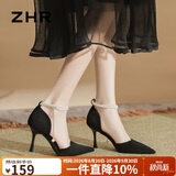 ZHR则则ZHR高跟鞋女珍珠链绒面细跟单凉鞋女气质显瘦女鞋 IE03 黑色  39 