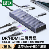 绿联Type-C转HDMI/DP三屏异显拓展坞USB-C外接双屏一拖二扩展坞5G 4K多屏扩展剪辑兼容雷电4接联想电脑