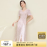 尚都比拉夏季V领碎花连衣裙中长款收腰显瘦气质印花裙子 粉底花色 L 