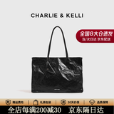 CHARLIE&KELLICK品牌包包女包大容量褶皱托特包通勤单肩手提包情人节生日礼物 黑色【京仓配送 赠专柜礼袋】