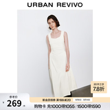UR2026秋季新款女装气质复古U型领褶皱收腰连衣裙UWM760056+ 本白 L