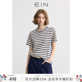 EIN【航海系】EIN言蓝白条纹圆领休闲宽松短袖T恤女上衣女装春夏新款 墨蓝 S