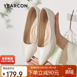意尔康女鞋粗跟时装鞋浅口套脚高跟鞋工作女单鞋春秋 26904W米白35