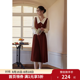 独束大码女装假两件撞色衬衫领连衣裙女秋冬微胖mm文艺复古穿搭裙子 勃艮第红【适合165左右】 XL