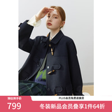 范思蓝恩22FS4106韩系气质牛角扣大衣女秋冬学院风双面羊毛呢外套 藏青色 L