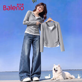 班尼路（Baleno）翻领修身假两件长袖T恤女2026秋冬季打底衫收腰显瘦通勤日常上衣