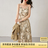 尚都比拉春秋法式印花吊带连衣裙气质女神范性感显瘦裙子 杏底花色 M 