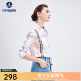 Navigare意大利小帆船女士长袖衬衫春秋季休闲格子衬衣莱赛尔高档寸衫 粉红/白 XL