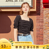 西遇复古方领针织短袖女2026年夏季新款褶皱高腰短款t恤女纯色小个子 黑色(D0300873) S