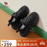 骆驼（CAMEL）老爹鞋女网布皮面拼接双系带厚底休闲鞋 L24S283079 黑色 37