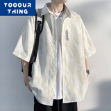 YOOOURTHING美式休闲短袖衬衫男夏季薄款潮牌潮流宽松半袖日系男士衬衣外套 白色 XL (建议115-140斤)