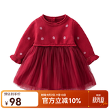 Auro Mesa春秋女童连衣裙长袖女宝宝抓周百天公主裙酒红礼服纱裙毛衣裙 酒红 90