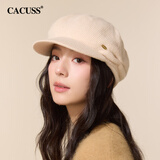 CACUSS羊毛贝雷帽女秋冬新款文艺报童帽显脸小保暖大头围针织帽女 米