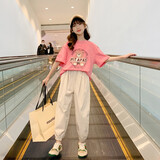蓝贝妮童装女童夏装2026新款洋气儿童夏季衣服大童女装12岁女孩运动套装 粉T+米色裤 150 码建议身高140CM