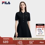 FILA 斐乐官方女子编织连衣裙2026夏新款简约翻领修身收腰连身裙 正黑色-BK S 160/80A/S