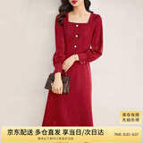 尚都比拉新年红法式连衣裙女春秋季中长款气质女神范收腰显瘦小个子裙子