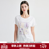 帕罗（PALUOPO）短袖印花t恤上衣女夏桑蚕丝韩版正肩半袖莫代尔圆领百搭打底衫 白色 小花 XL (170/92A)