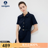 Navigare意大利小帆船短袖衬衫裙女士夏季时尚百搭小个子连衣裙简约中裙女 海军蓝 M 码