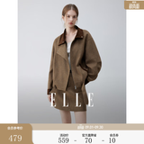 ELLE拼接咖色灯芯绒廓形短外套女2025冬新款独特绵羊毛宽松夹克 咖色 M