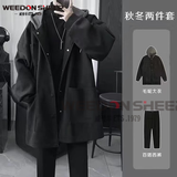 威登羊夹棉连帽呢子外套男中长款毛呢夹克大衣男秋冬季加厚黑色衣服男装 黑色夹克+黑色加绒西裤【两件 XL (170) 135-165斤