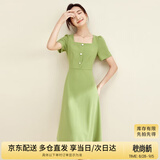 尚都比拉短袖连衣裙女夏季复古赫本风气质通勤裙子中长款A字裙 绿色 S