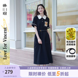 两三事梵高文艺 梵花遗梦 2025夏季新款印花布拼接撞色翻领连衣裙 黑色-y L
