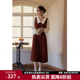独束大码女装假两件撞色衬衫领连衣裙女秋冬微胖mm文艺复古穿搭裙子 勃艮第红【适合165左右】 2XL