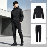 阿迪达斯（adidas）男薄绒运动套装 秋季户外跑步健身训练服梭织连帽风衣直筒长裤 黑色夹克外套+黑直筒裤/简约两件套 L/180