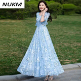 NUKM大摆中长款雪纺连衣裙女2026新款V领短袖沙滩海边广州十三行长裙 02花（当天发货 XL 110-120斤左右 偏小卡码拍大一码