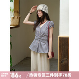 谜秀蕾丝花边短袖衬衫女2026夏季新款蝴蝶结系带泡泡袖衬衣收腰上衣潮 蓝格 L