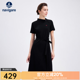 Navigare意大利小帆船短袖连衣裙女士夏季棉质斜领裙子时尚显瘦半袖a字裙 暗夜黑 S 码